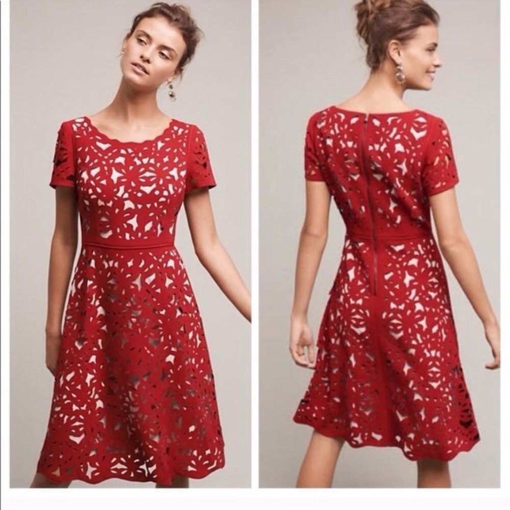 Anthro Moulinette Soeurs  red laser cut dress Sz 4